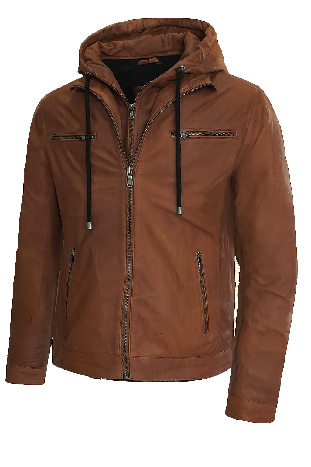 GIACCA IN PELLE CON CAPPUCCIO MILANO – COGNAC