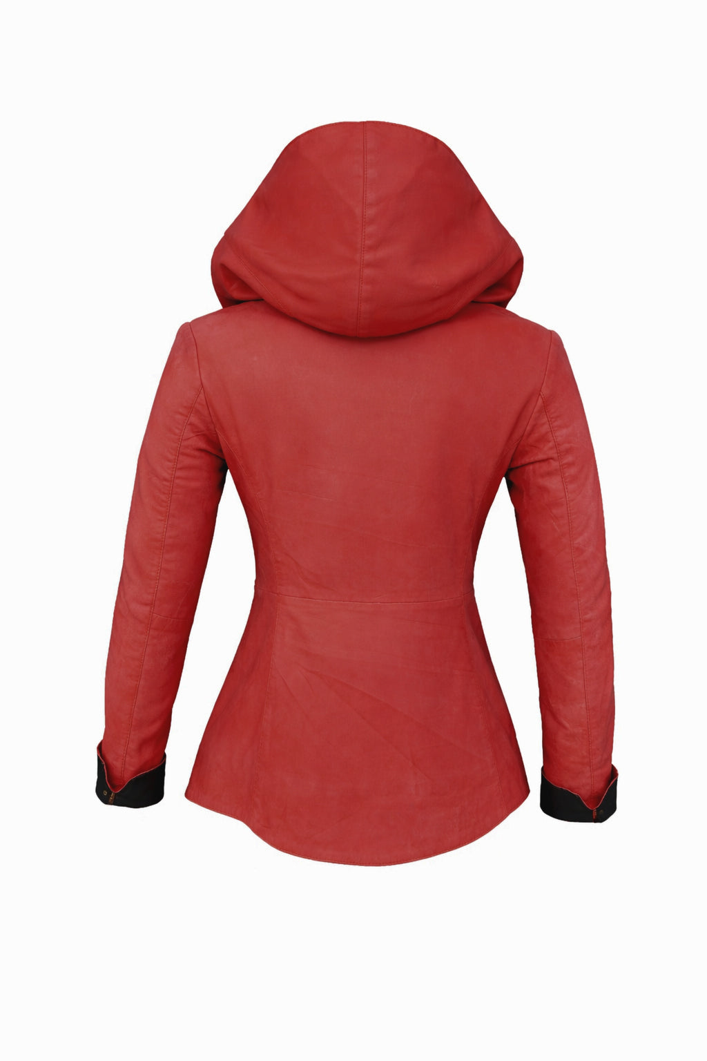 Giacca in pelle rossa asimmetrica con cappuccio da donna