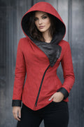 Giacca in pelle rossa asimmetrica con cappuccio da donna