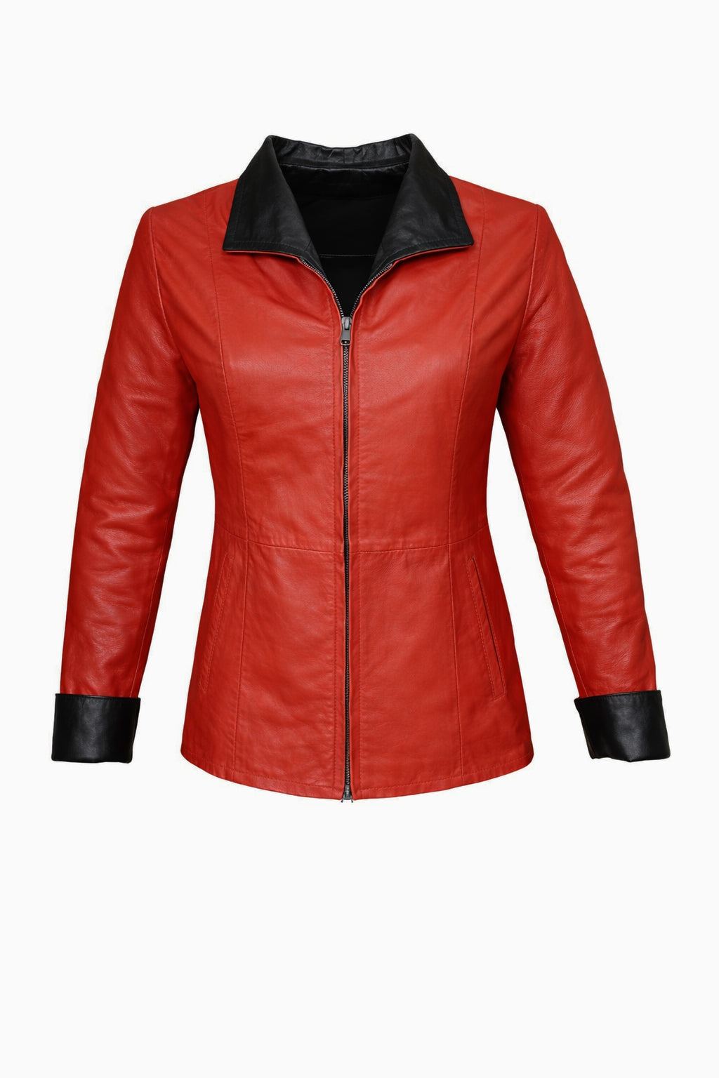GIUBBINO IN PELLE CON CAPPUCCIO DA DONNA SCARLET EDGE – ROSSO E NERO