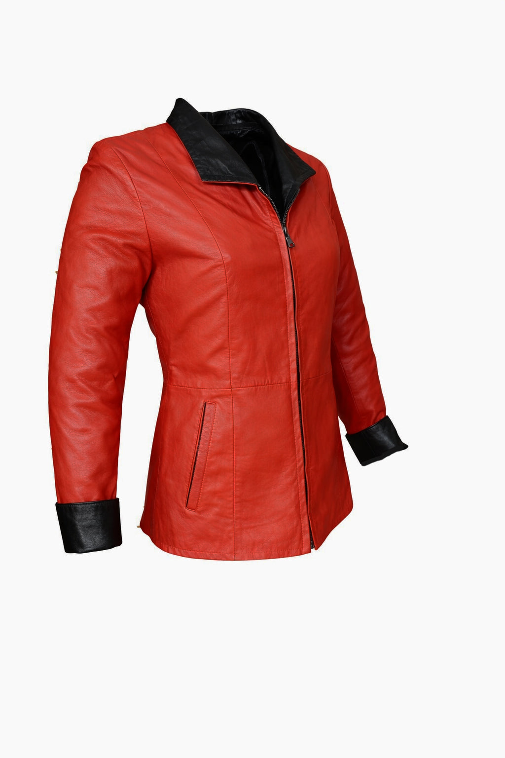 GIUBBINO IN PELLE CON CAPPUCCIO DA DONNA SCARLET EDGE – ROSSO E NERO