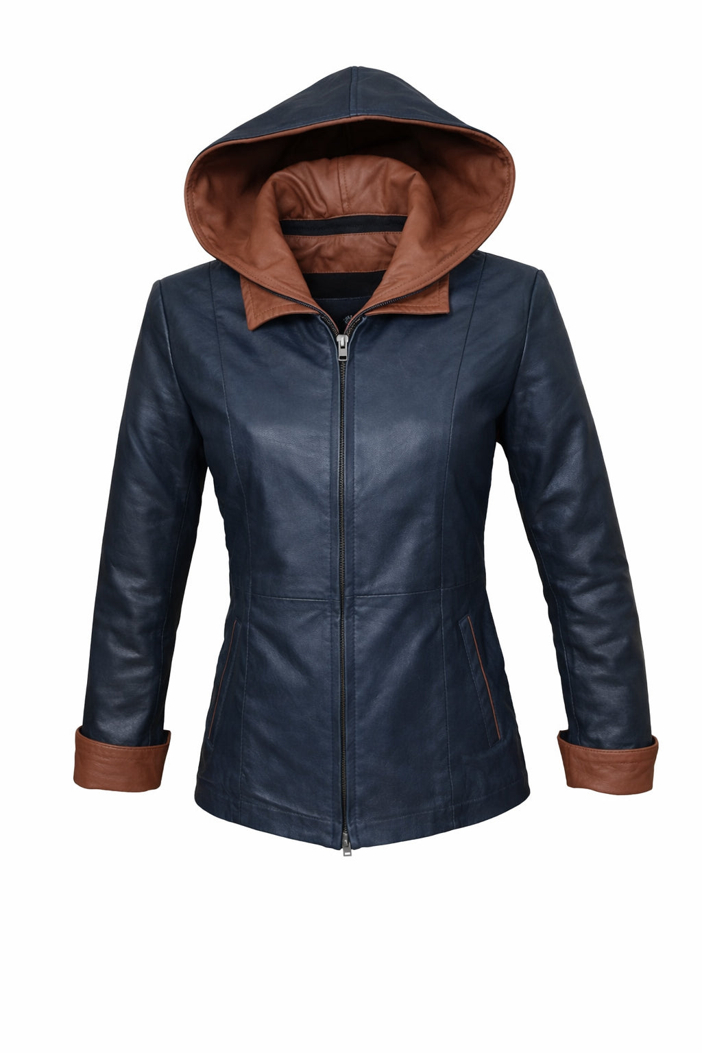 GIUBBOTTO IN PELLE DA DONNA LUNA CON CAPPUCCIO – BLU NAVY E COGNAC