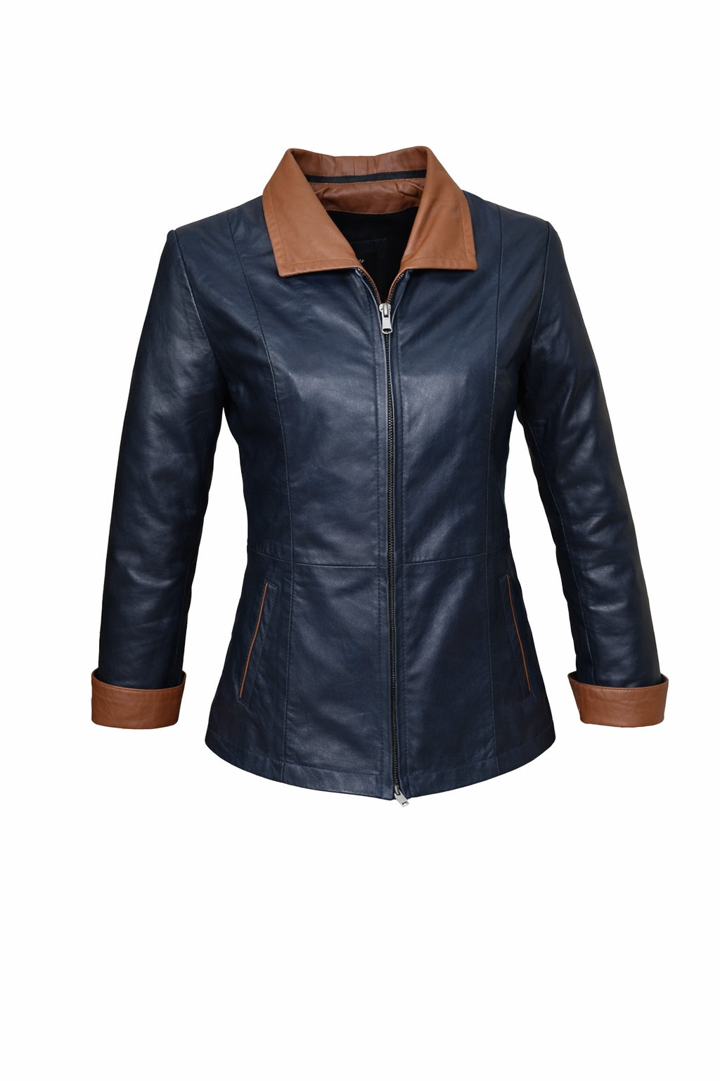 GIUBBOTTO IN PELLE DA DONNA LUNA CON CAPPUCCIO – BLU NAVY E COGNAC