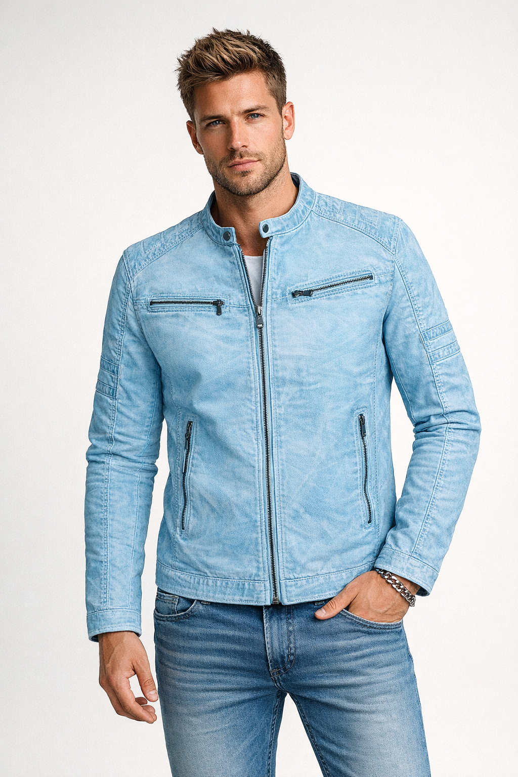 SKYLINE MEN’S LEATHER JACKET – ICE BLUE