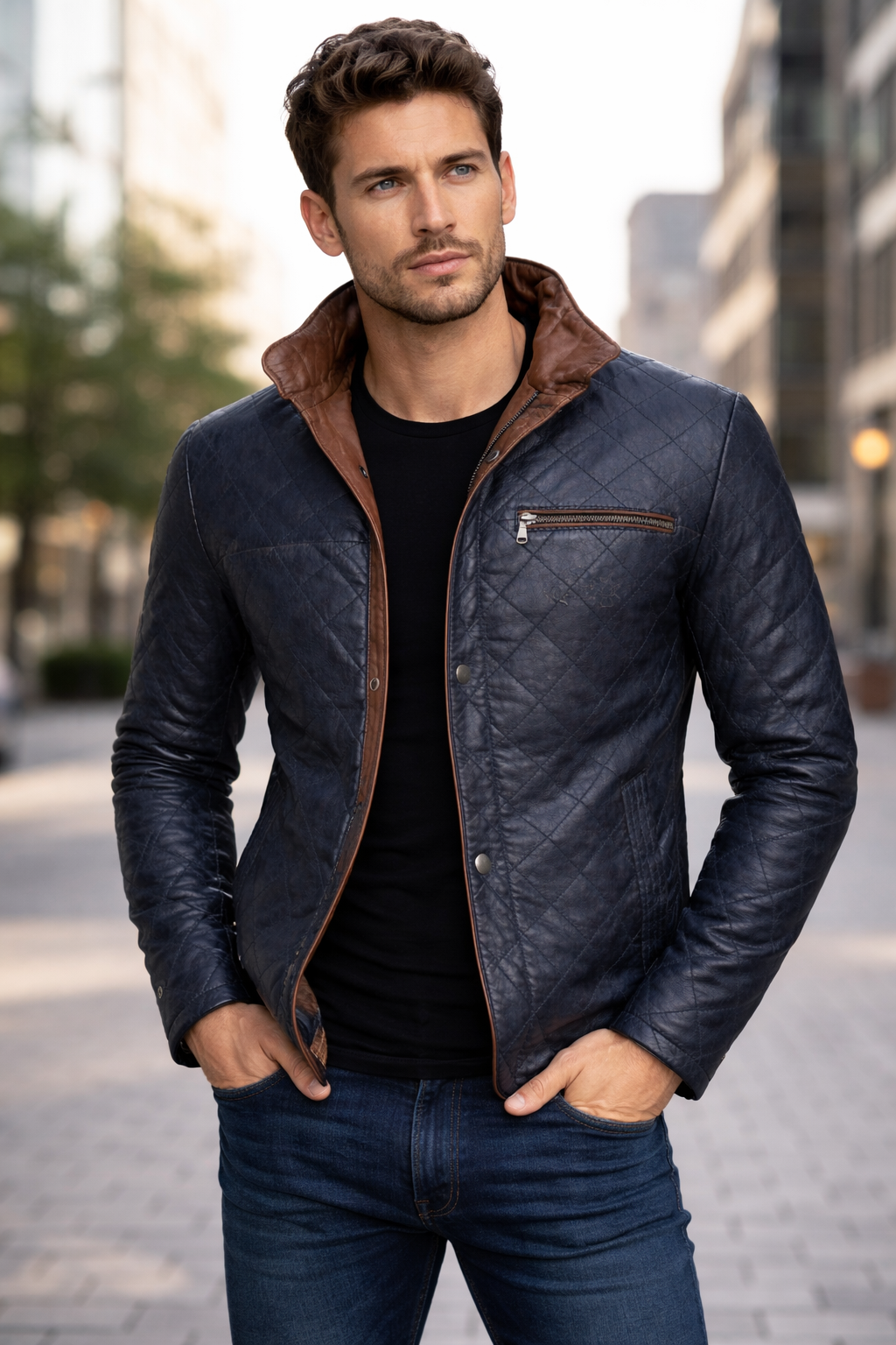 URBAN HERITAGE LEATHER JACKET – NAVY QUILTED