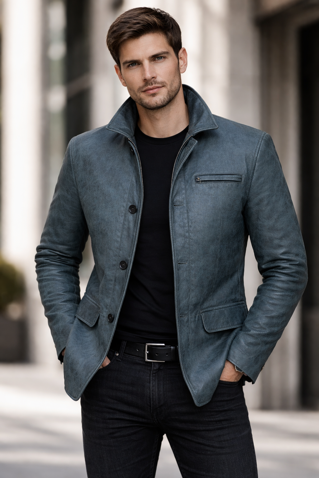 EXECUTIVE CLASSIC LEATHER BLAZER – STEEL GREEN