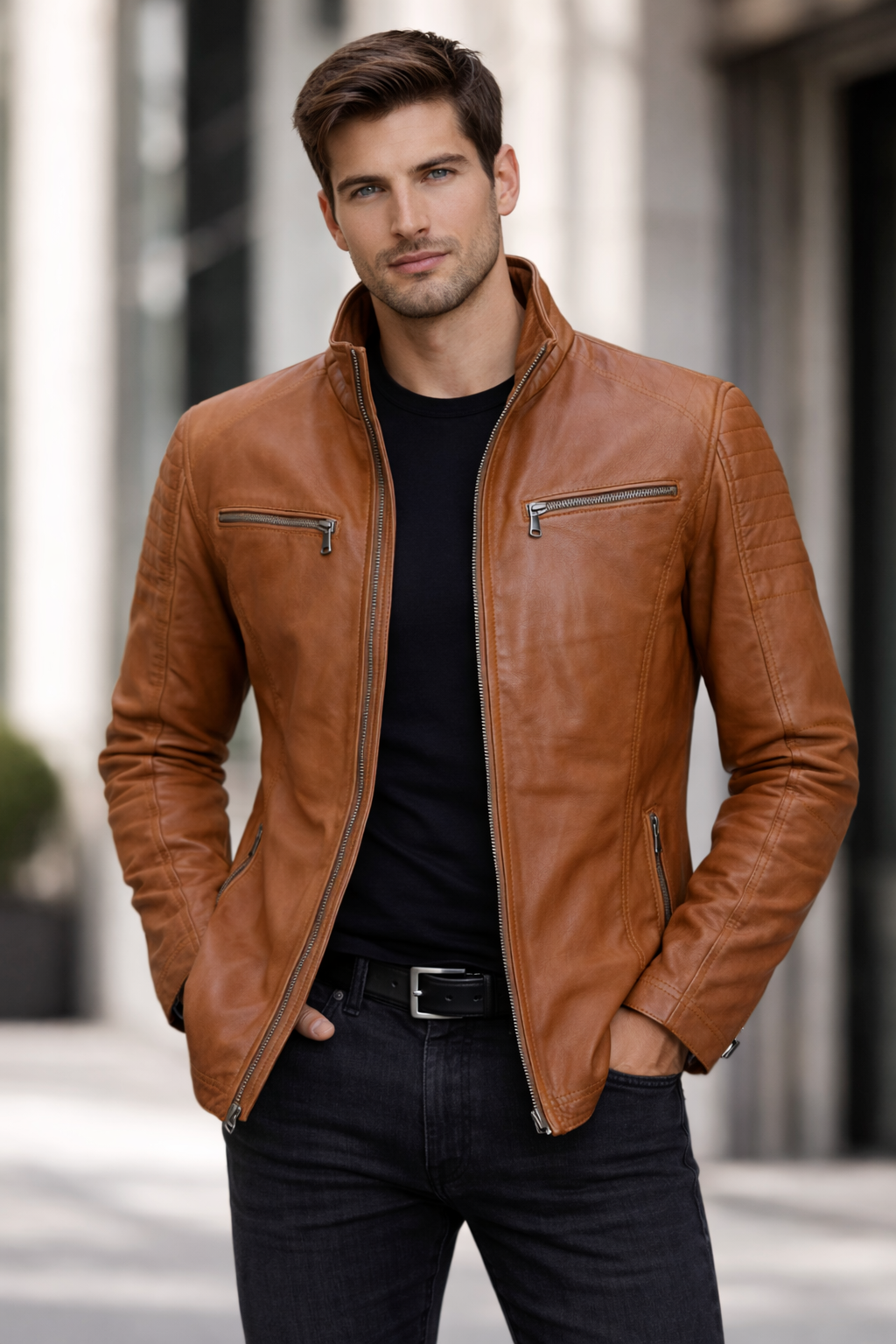 Giacca in pelle Milano Classic – Cognac