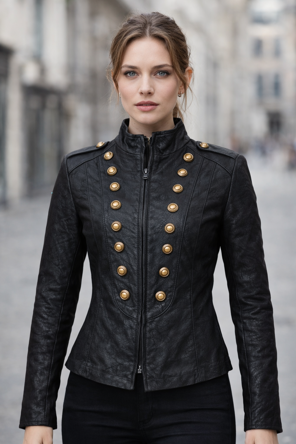 GIACCA MILITARE DA DONNA REGALIA IN PELLE – NERO E ORO