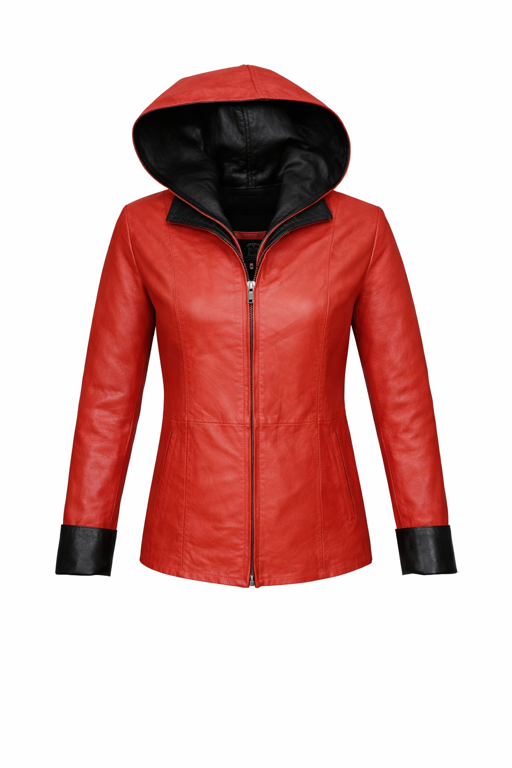 GIUBBINO IN PELLE CON CAPPUCCIO DA DONNA SCARLET EDGE – ROSSO E NERO