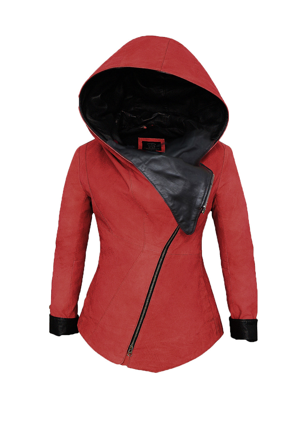 Giacca in pelle rossa asimmetrica con cappuccio da donna